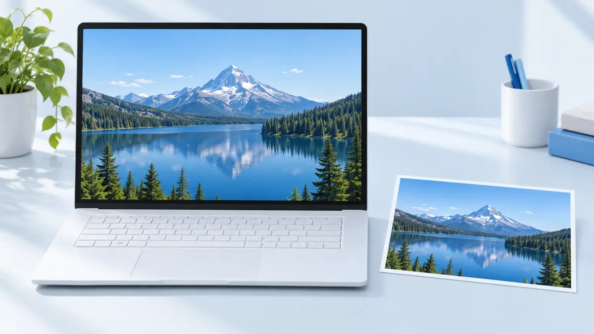 A mountain-lake photograph selected on a laptop beside a matching photo print